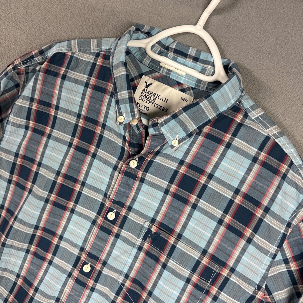 American Eagle Shirt Mens XL Blue Plaid Athletic Fit Long Sleeve Button Down